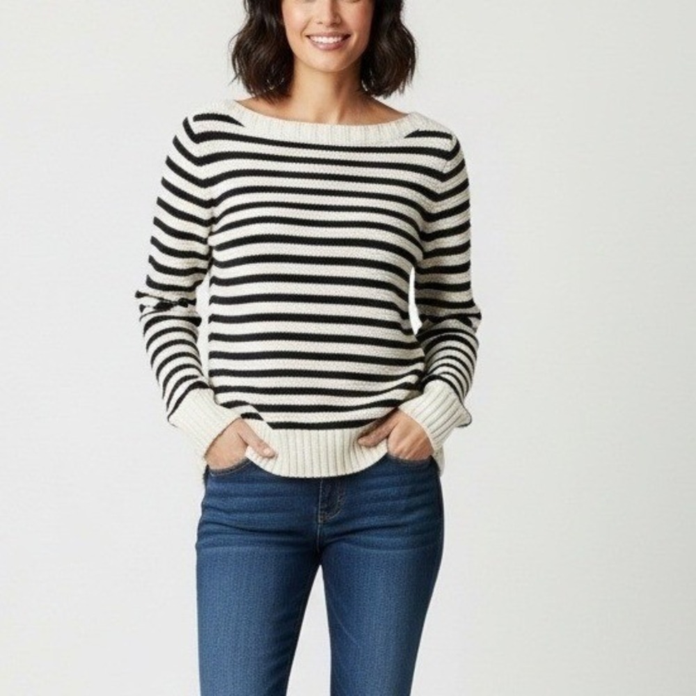 Talbots Sweater Women L Cream Navy Blue Striped‎ Boatneck Cotton Knit Nautical
